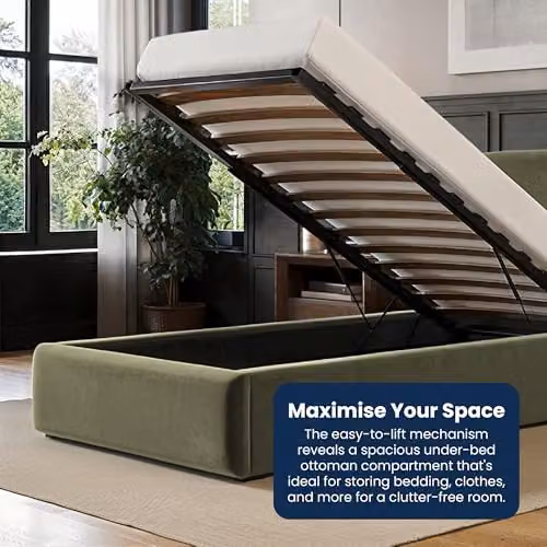 Flair Furnishings Alba Single Ottoman Bed Frame with Storage and Curved Headboard in Khaki Velvet, W/D/H: 90 x 190 cm – 3
