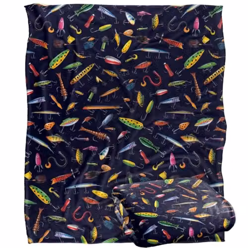 JQ Licensing Fishing Lures Pattern Super Soft Fleece Throw Blanket, Multicolour, W: 152 cm, D: 127 cm – 1