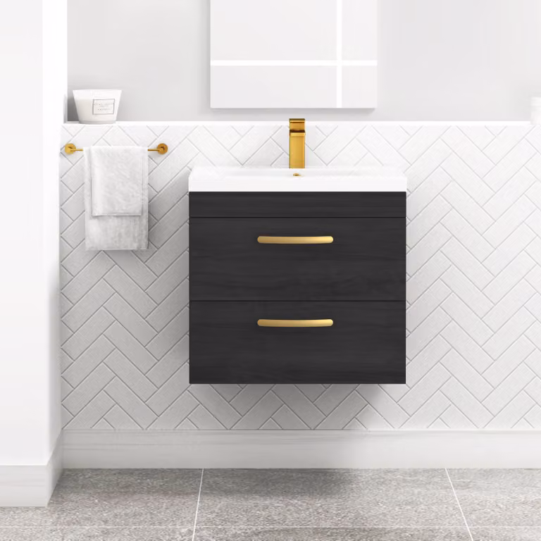Royal Bathrooms Turin 600mm Wall Hung Vanity Unit in Hale Black with 2 Drawers and Brushed Brass Handles