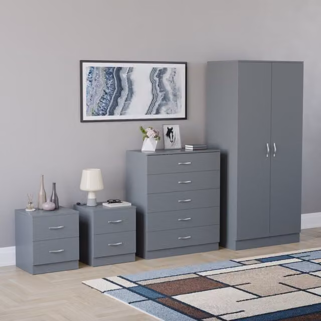 Vida Designs Riano 4 Piece Modern Grey Bedroom Set including 2 Door Wardrobe, 5 Drawer Chest and 2 Bedside Chests