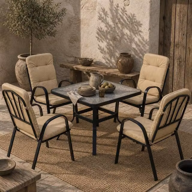 Wyld Haus Sukeco Luve 4 Seater Cream Square Outdoor Dining Set with Black Tempered Glass Table