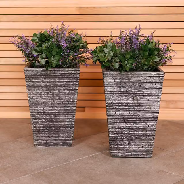 Charles Bentley Pair of Tall Grey Plastic Ornamental Garden Planter Tubs
