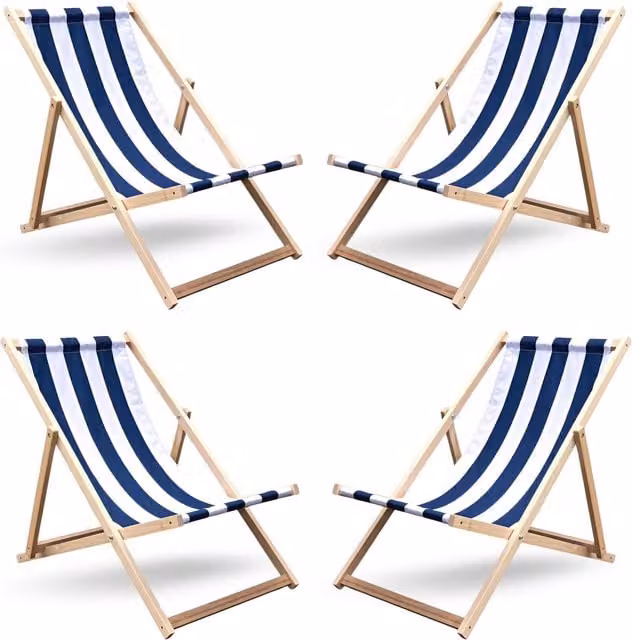NOVECRAFTO Set of 4 Traditional Folding Wooden Deck Chairs in Maritime Blue with UV-Resistant Polyester Fabric