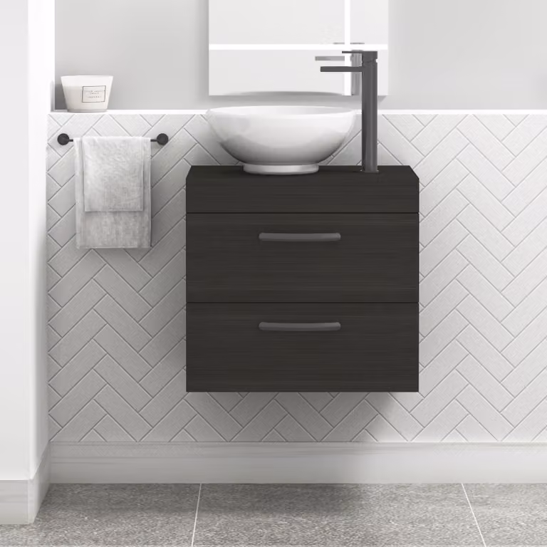 Royal Bathrooms Hale Black Wall Mounted 2 Drawer Bathroom Vanity Unit with Breeze Countertop Sink and Matt Black Handles, Width: 60 cm