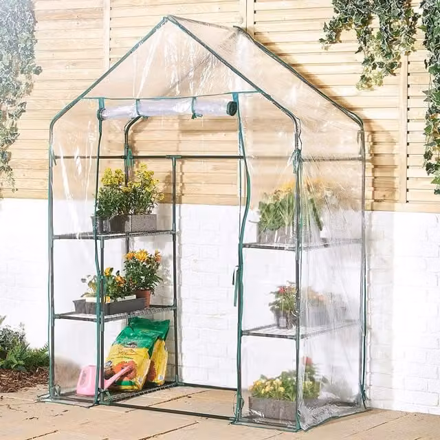 VonHaus Green Walk In Greenhouse with PVC Shelving and Roller System