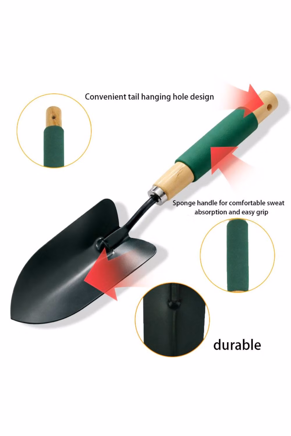 KDMD Carbon Steel Hand Trowel with Wooden Cushion Grip in Green – 5