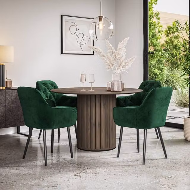 More4Homes Arlo Walnut Round Dining Table and Anika Green Velvet Dining Chairs Set of 4, W/D/H: 120 x 120 x 75 cm