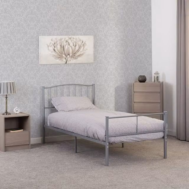 Seconique Newton Metal Single Bed in Silver, W/D/H: 90 x 190 cm