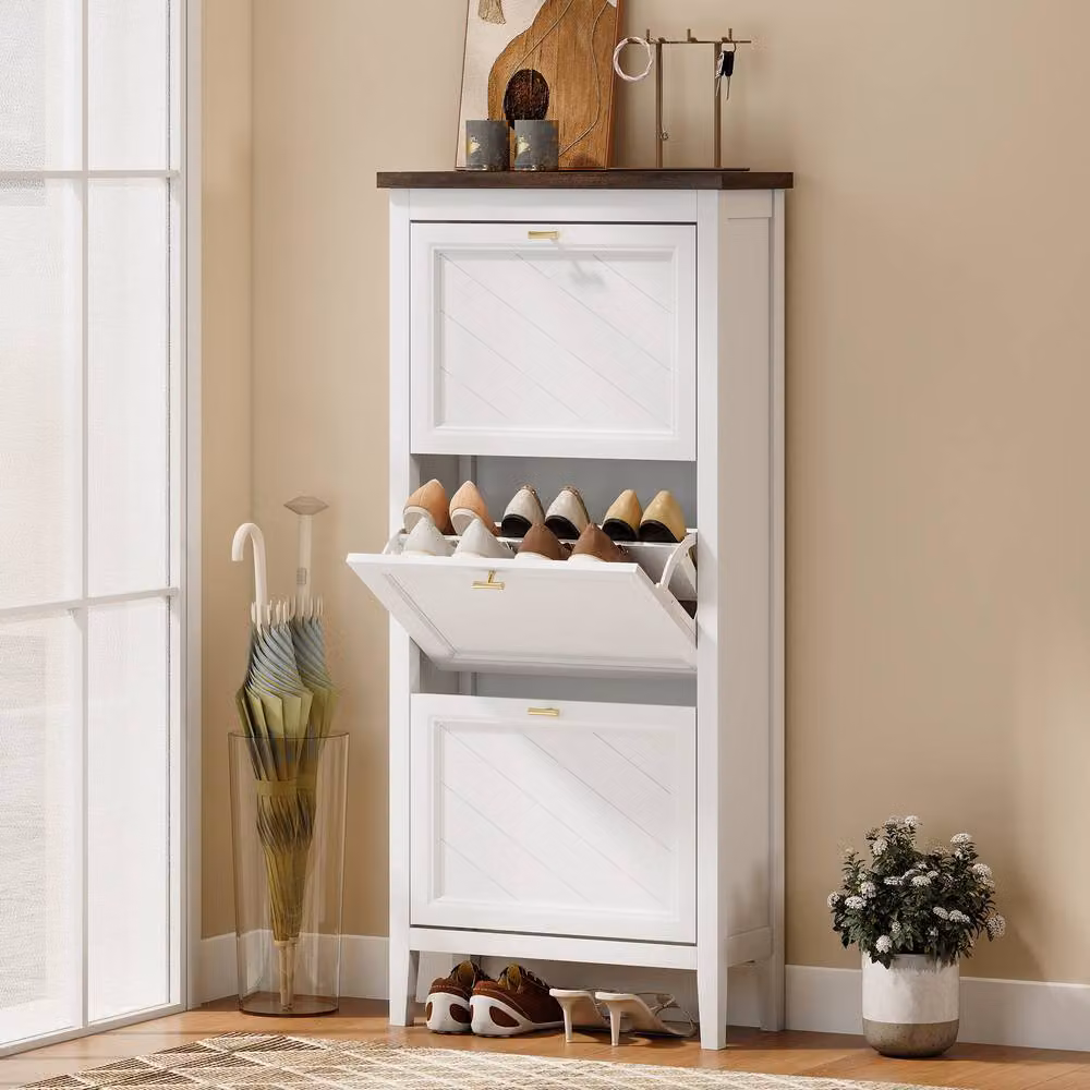 HOMCOM Country House Freestanding Shoe Cabinet with Tilting Compartments and Internal Shelves, White – 2