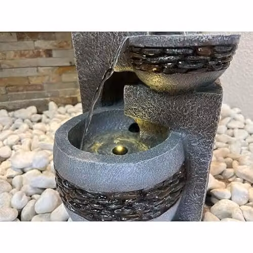 Tranquility 4 Pebble Bowls Solar Powered Cascade Water Feature, Natural Grey Resin Tabletop Design – 3