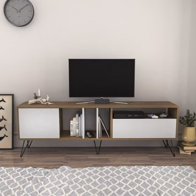 Decorotika Mistico Modern TV Unit in Walnut and White, W: 180.0 cm, D: 35.6 cm, H: 58.4 cm