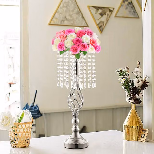 Livingandhome Silver Crystal Pendant Taper Candle Holder for Wedding Tabletop Decor