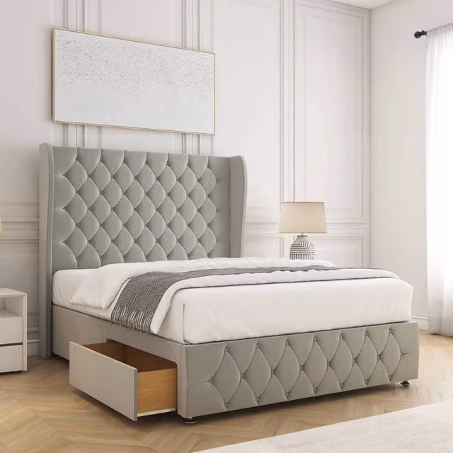 BSSPOKE Faye Velvet Divan Bed Set in Silver with 54 inch Headboard, 2 Drawers and Mattress, Size: Double (W/D/H: 140 x 200 cm)