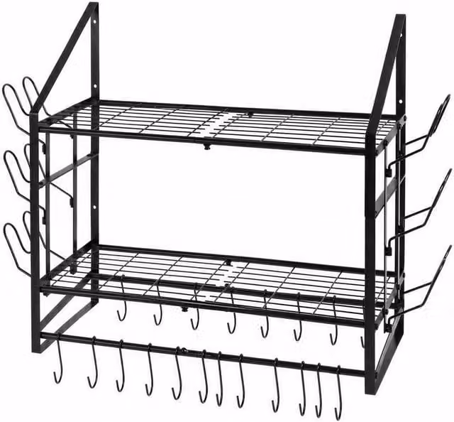VOGREX Black Metal Kitchen Pot Pan Rack and Lid Holder Storage Organiser with 20 Hooks – 1