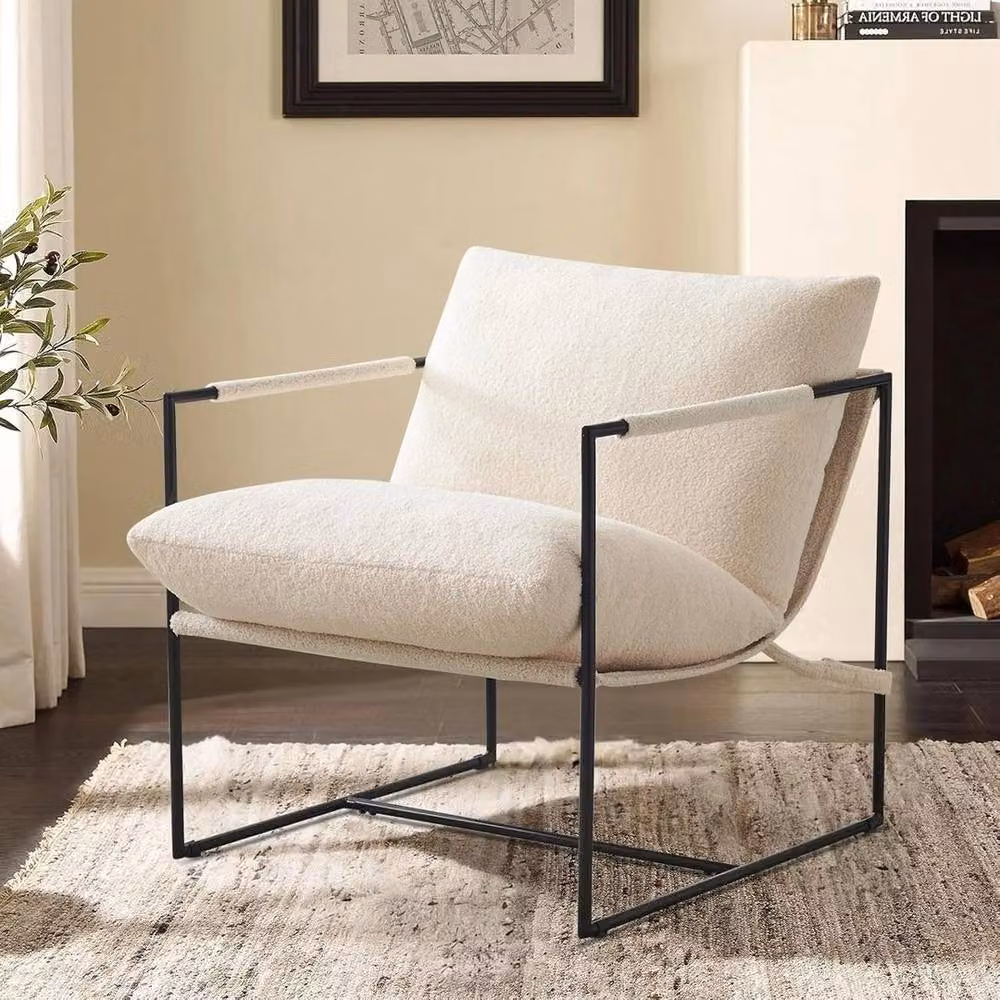 KORVIXA Modern Lounge Armchair in White Bouclé Fabric with Metal Frame – 3