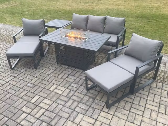 Fimous Aluminium Outdoor Lounge Sofa Set with Gas Fire Pit Dining Table, Side Table and 2 Footstools in Dark Grey