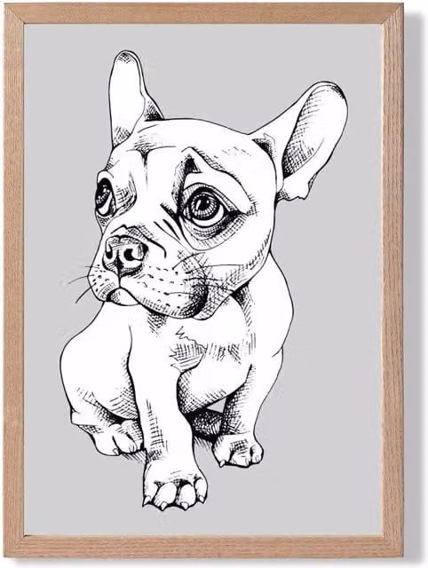 ARTZE Sketch French Bulldog Framed Print in Light Grey with Oak Frame