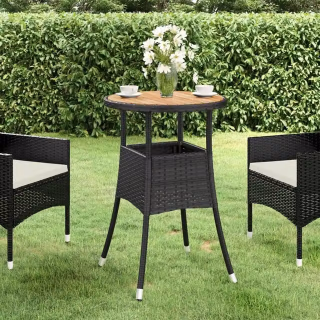 Berkfield Home Garden Table in Black Acacia Wood and Poly Rattan, W/D/H: 60 x 60 x 75 cm