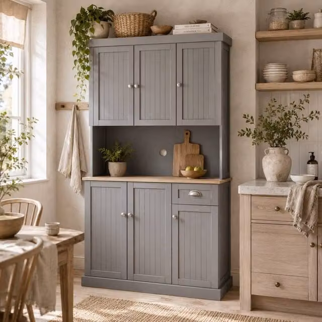 Wyld Haus Ririlo Grey Tall Kitchen Storage Cabinet with Hinged Doors and Internal Shelves, H: 180 cm, W: 39 cm, D: 40 cm – 1