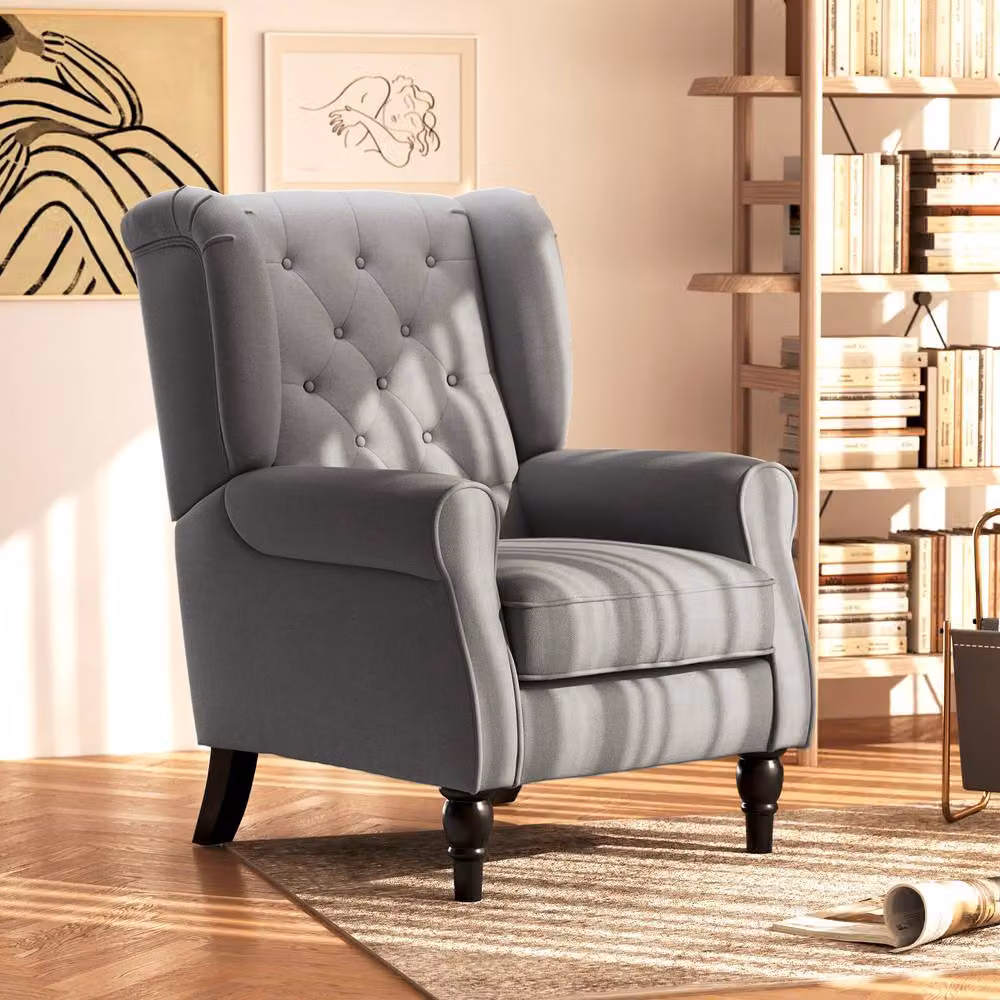 STILVORA Wingback Armchair with Solid Wood Frame and Grey Linen Fabric Upholstery – 2
