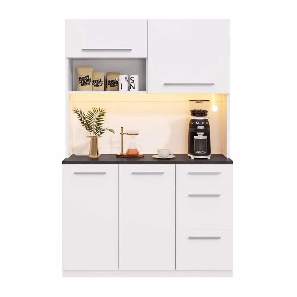 Merax Modern Tall Kitchen Storage Cabinet in White with Integrated Lighting and Glass Doors, W/D/H: 40 x 40 x 180 cm – 4