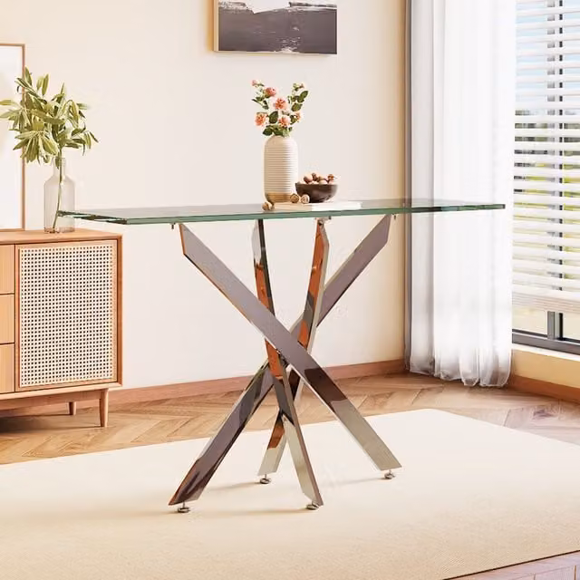 Livingandhome Modern Rectangular Glass Top Coffee Table with Silver X-Frame