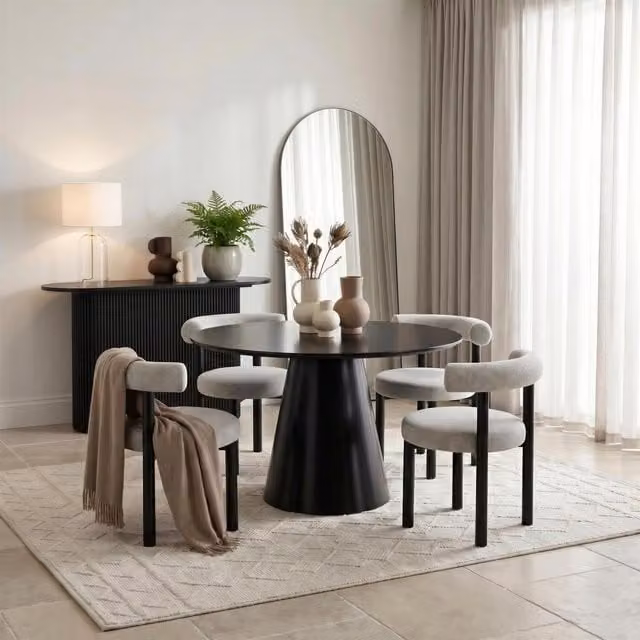 Furniturebox UK Palma Round Black Semi Gloss Dining Table and 4 Isola Grey Chairs