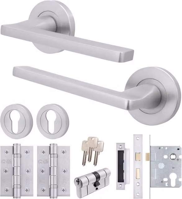 AFIT Satin Chrome Door Handle Set with Euro Lock Cylinder, Latch, and Hinges in Silver, Aluminium W/D/H: 15.0 x 15.0 x 7.0 cm