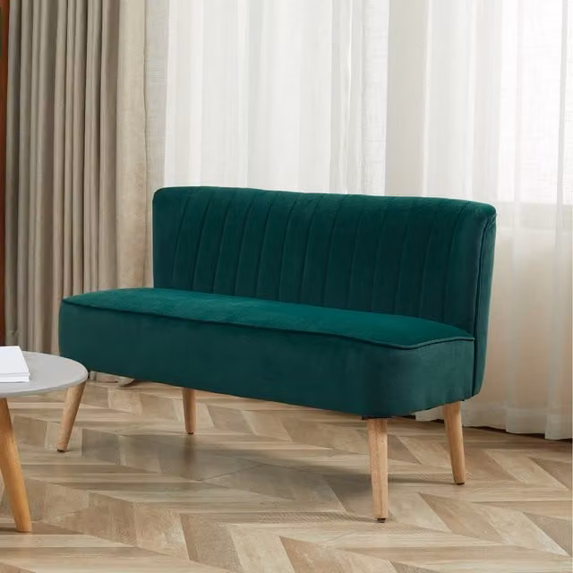 HOMCOM Green Velvet Upholstered Double Love Seat Sofa with Solid Wood Frame
