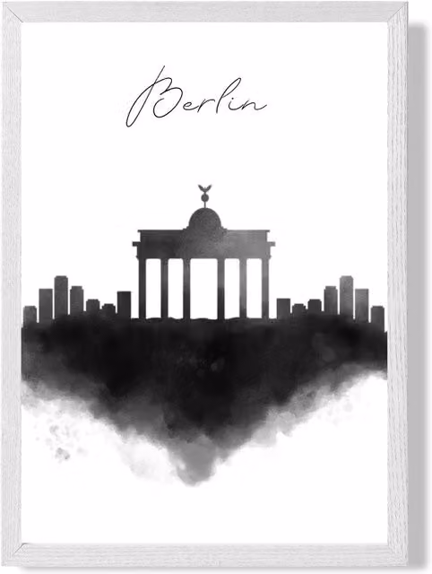 ARTZE Berlin Watercolour Skyline City Framed Print with White Frame in Black, A3