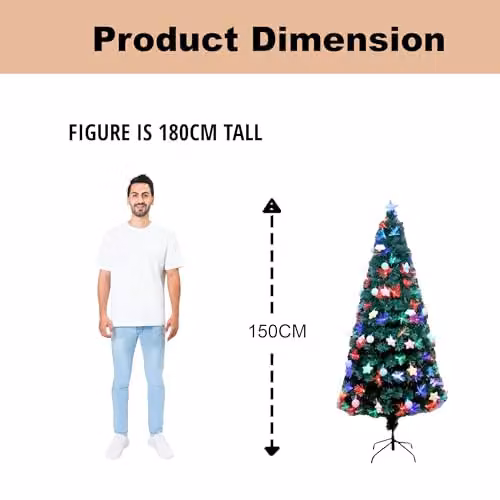 Shatchi 150 cm Green Fibre Optic Christmas Tree with Pastel Stars and Baubles, Pre-Lit with Multicolour Changing Lights – 7