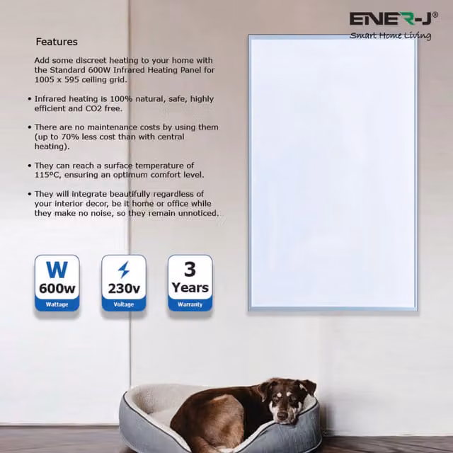 EnerJ Smart 600W White Infrared Heating Panel with Overheat Protection for Wall or Ceiling Mounting