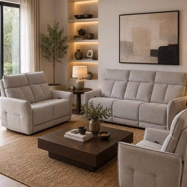 Aspire Grayson Fabric Upholstered Power Recliner Sofa Set in Beige, including 3-Seater, 2-Seater and Armchair with USB Charging – 1