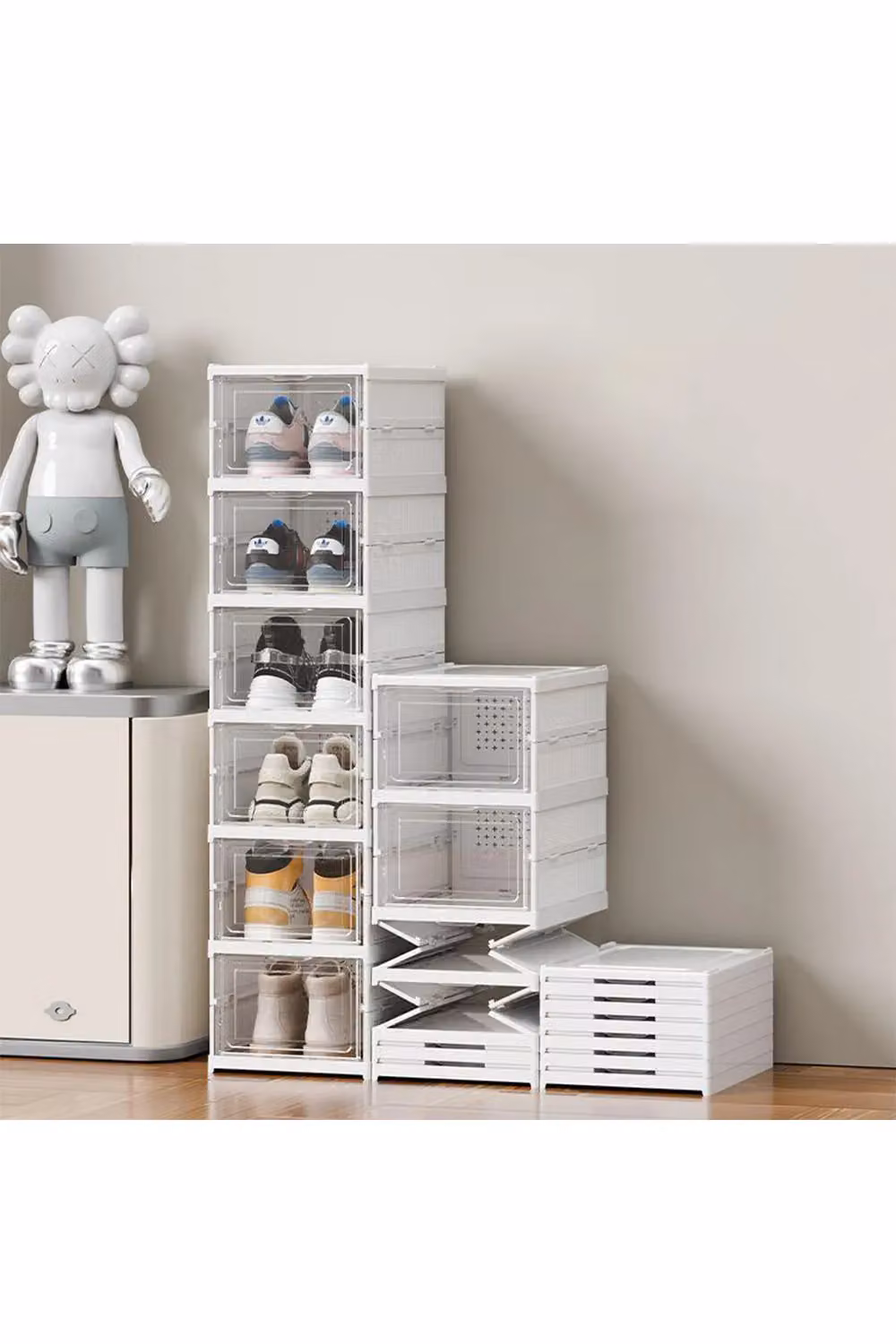Living and Home 3 Tier Fast Folding Stackable Shoe Rack with Back Panel in White and Transparent – 2