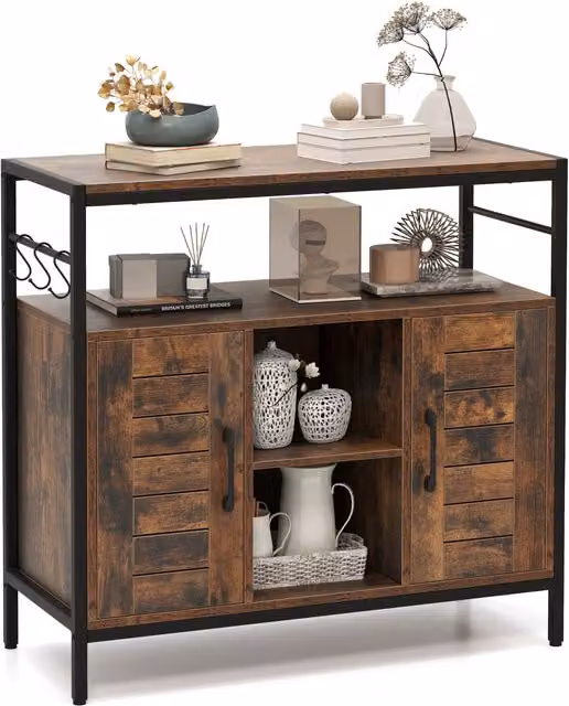 Costway Industrial Buffet Cabinet and Coffee Bar in Brown with 2 Doors and Adjustable Shelves – 1
