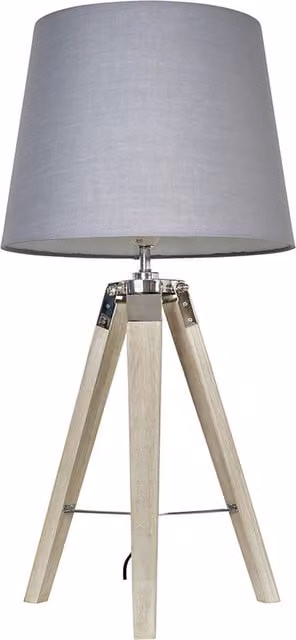 Clipper Tripod Table Lamp with Grey Fabric Shade in Brown Wood