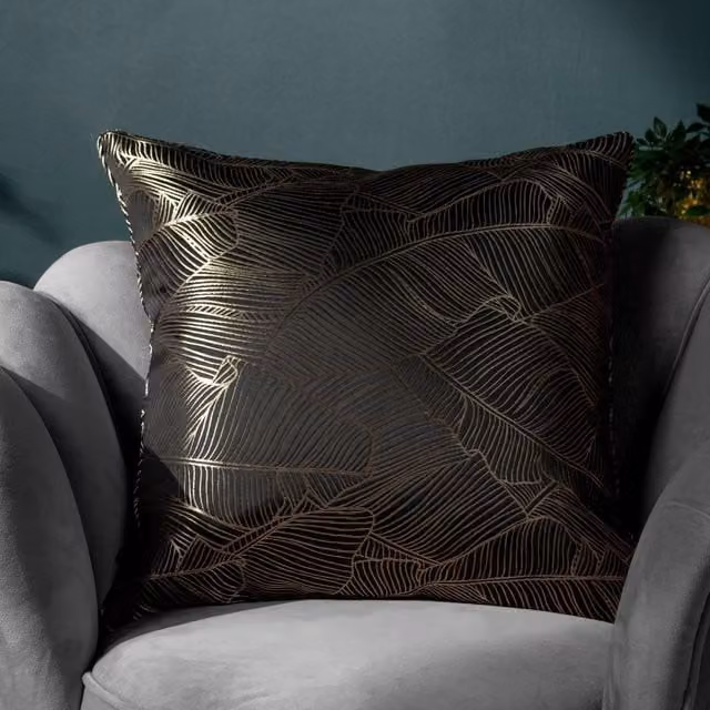 Wylder Tropics Seymour Floral Embroidered Satin Cushion in Black and Gold, W/D/H: 50 x 50 x 50 cm – 1