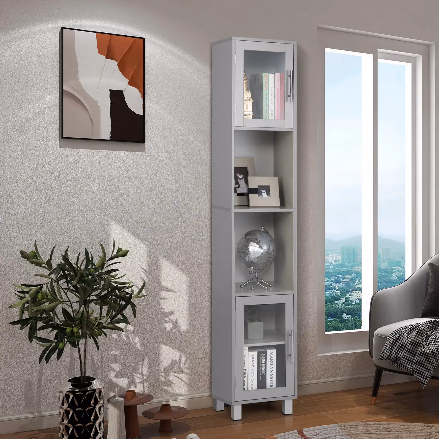 Costway Slim Freestanding Tall Bathroom Storage Cabinet with 2 Glass Doors in Grey – 2