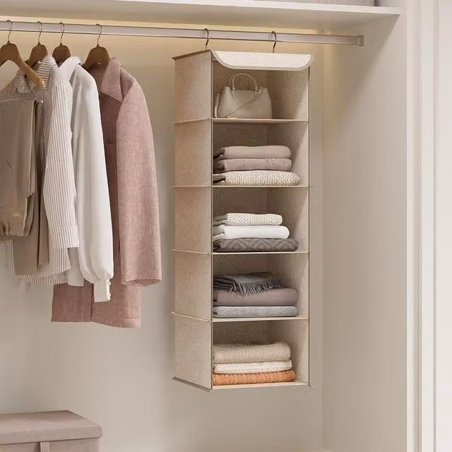 SONGMICS Vertical Closet Organizer Hanging Storage Collapsible Shelves in Light Brown – 1