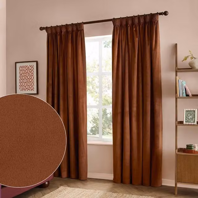 Furn Velvet Room Darkening Pencil Pleat Curtain Pair in Terracotta, W: 117 cm, H: 183 cm