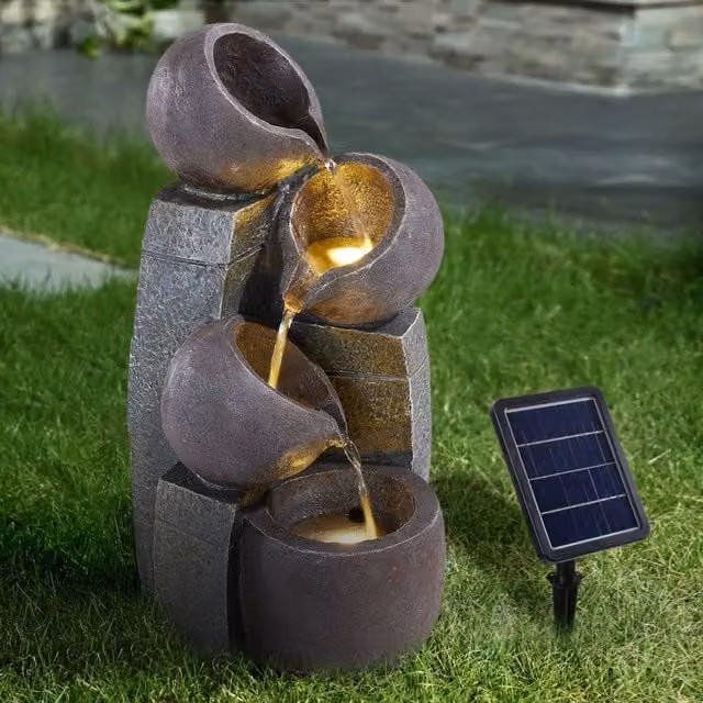 Breeins Grey Multi Tier Solar Cascade Fountain with LED Lights, Height: 47 cm