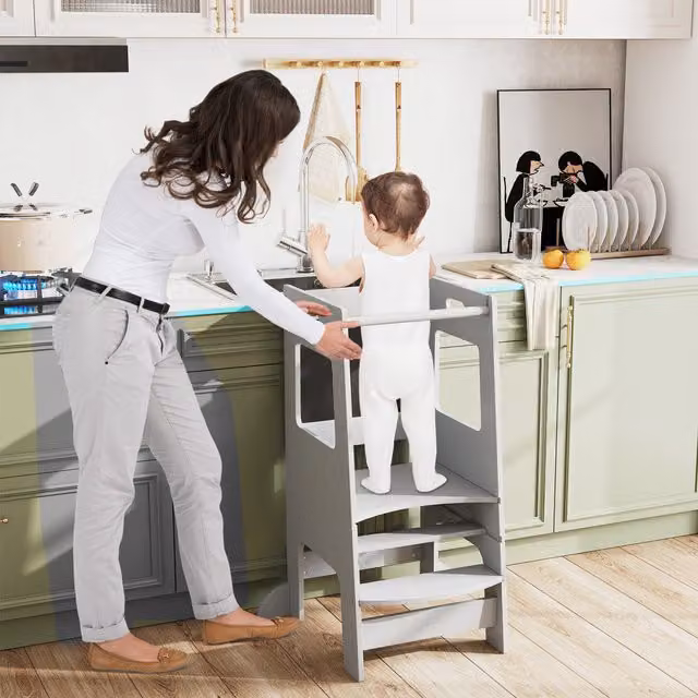 COSTWAY 2-in-1 Toddler Kids Kitchen Step Stool in Grey