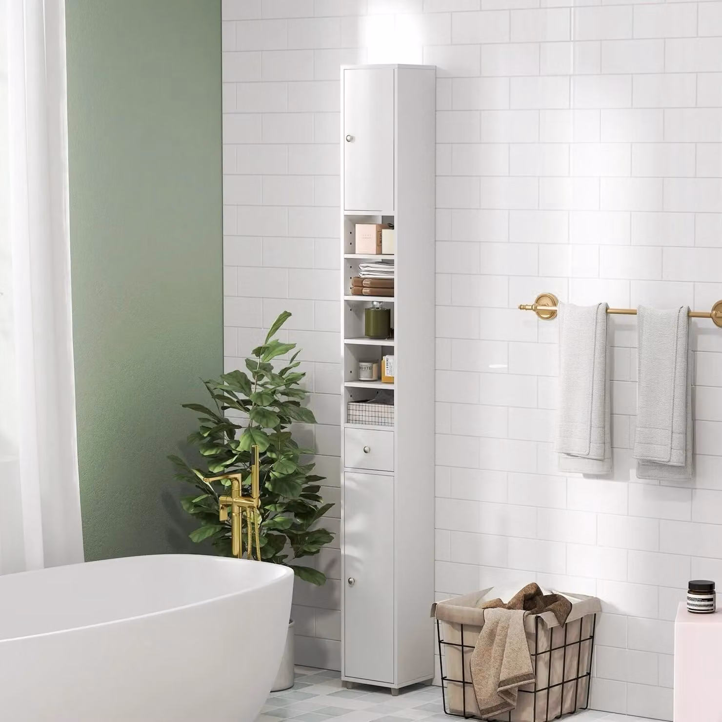 Gymax Slim White Bathroom Tall Cabinet with 2 Hinged Doors and Adjustable Internal Shelves – 2