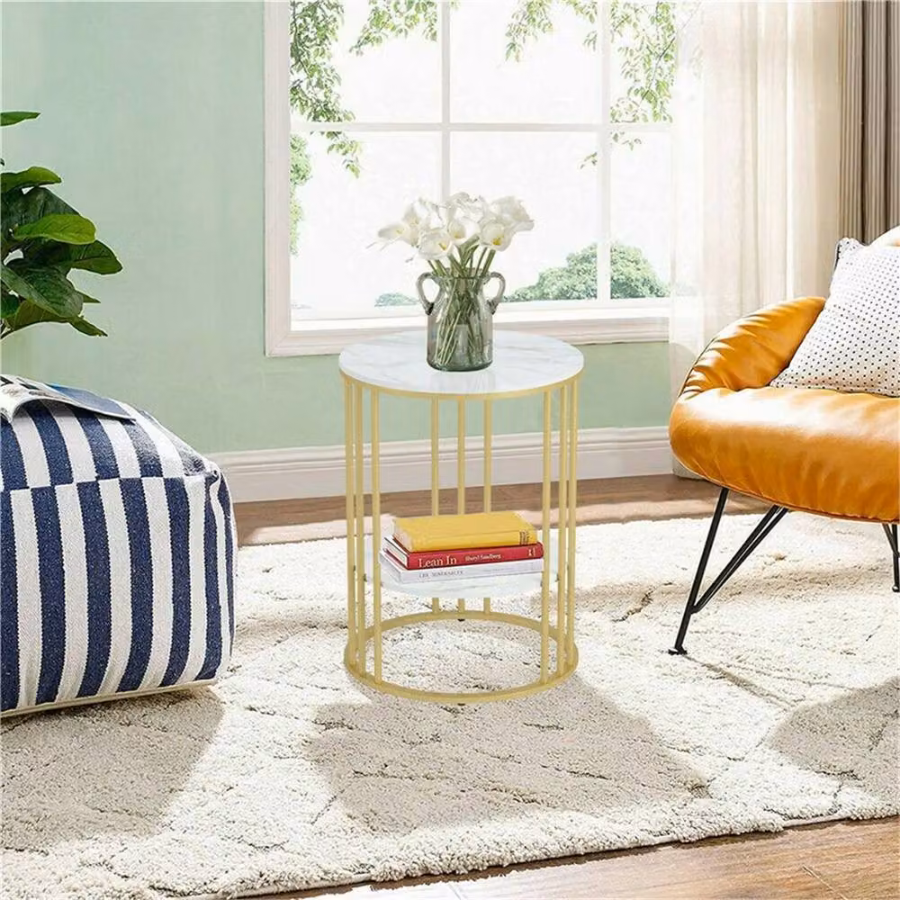 Nordara 2 Tier Round Side Table with White Marble Effect Sintered Stone Top and Gold Frame – 2