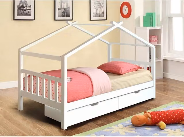 Comfy Living White Solid Wood Childrens House Storage Bed with Drawers W/D/H: 90 x 190 cm