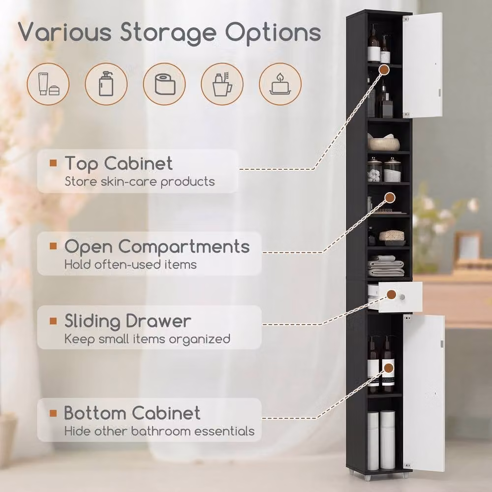 Costway Slim Freestanding Bathroom Storage Cabinet with Drawer and Hinged Doors, Multicolour, Height: 180 cm – 7