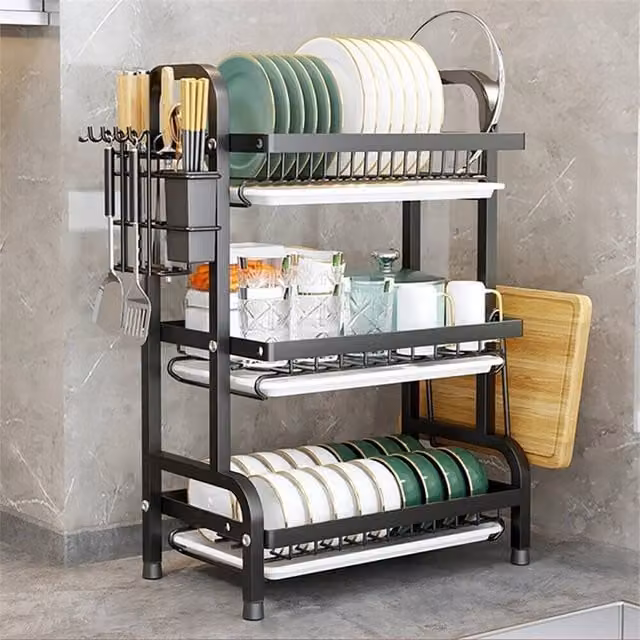 VOGREX 3 Tier Kitchen Sink Dish Rack with Drip Tray and Cutlery Holder in Black