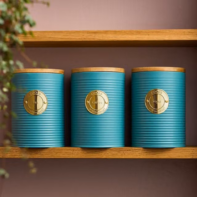 Cooks Professional 3-Piece Airtight Kitchen Storage Set with Ribbed Stainless Steel and Bamboo Lids in Petrol and Gold