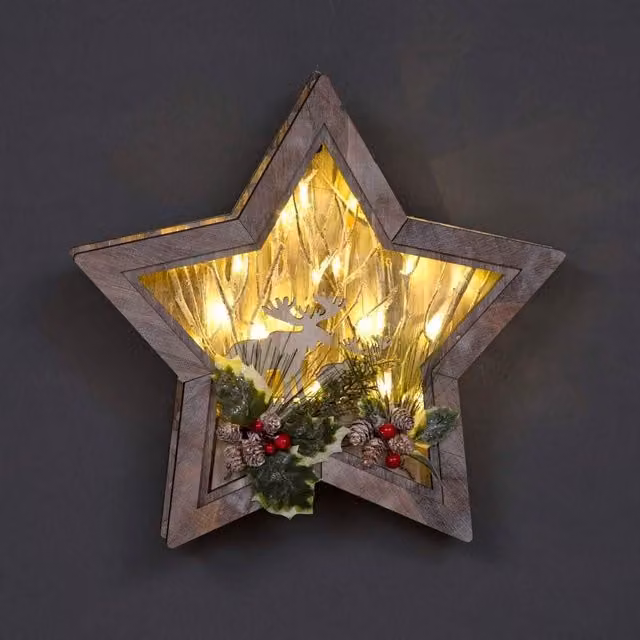 Shatchi Brown Wooden Star Shaped LED Reindeer Christmas Tabletop Scene, W: 38 cm, D: 6 cm, H: 38 cm