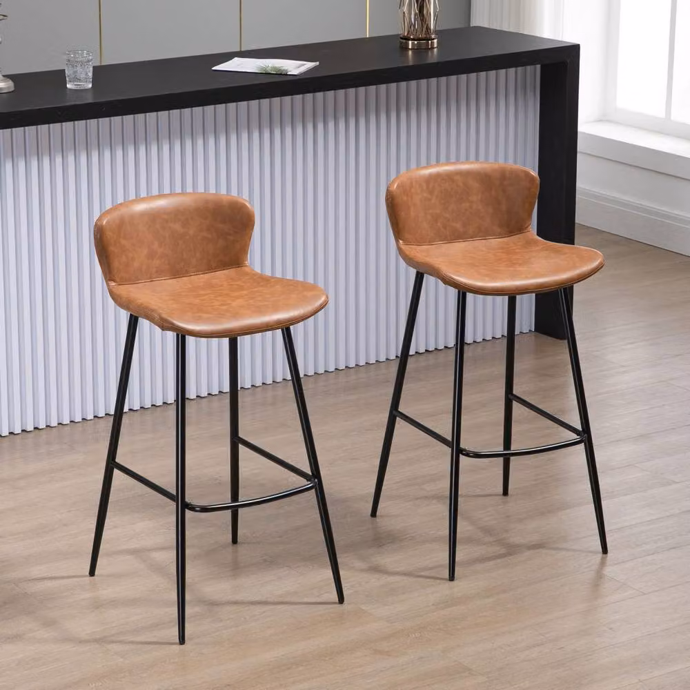 Wyld Haus Lorelu Set of 2 Vintage Brown Faux Leather Bar Stools with Metal Legs – 3